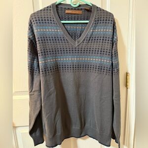 Vintage Perry Ellis V-Neck Sweater in Gray and Blue Retro Geometric Design
